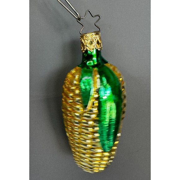 Inge Glass Style Blown Glass Corn Ornament Green & Gold 4" Vintage German - Picture 3 of 6
